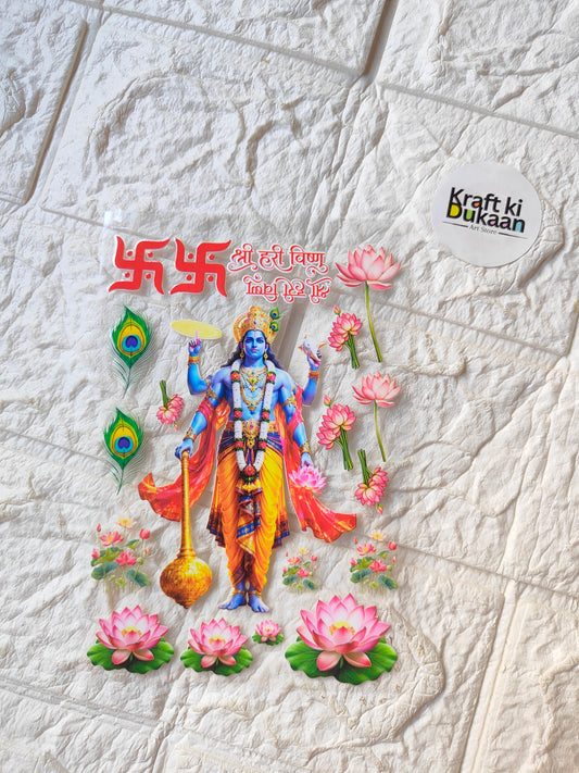 UV DTF peel-off sticker sheet with blue deity, pink lotus flowers, peacock feathers