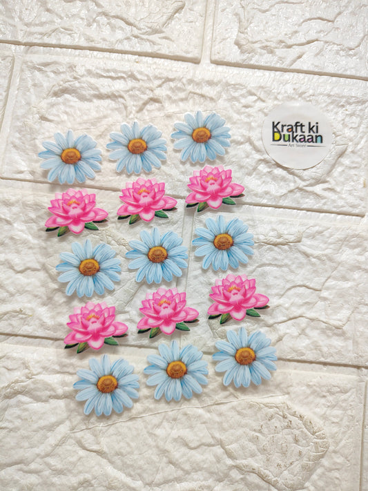 Peel-off UV DTF sticker sheet with blue and pink flower decals