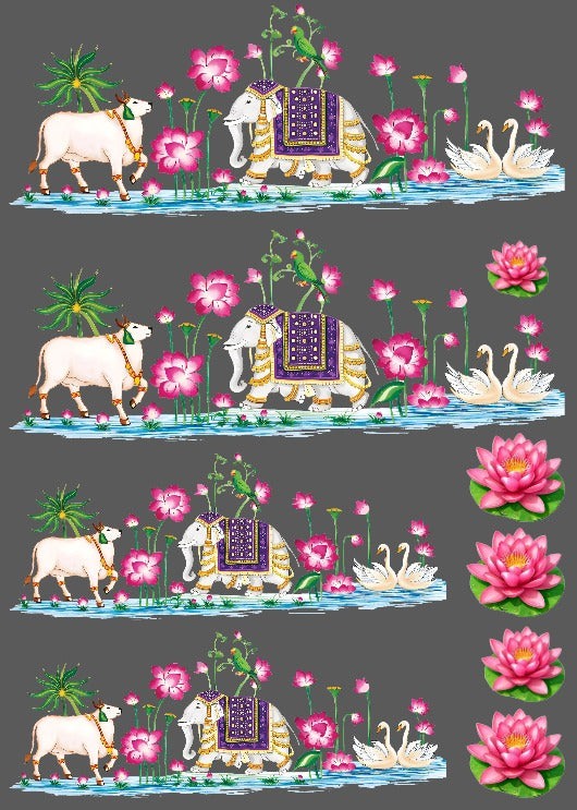 UV DTF peel-off sticker sheet with elephant, flowers, swans, lotus and landscape