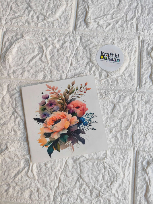 Square floral sticker with multicolor bouquet on white backing