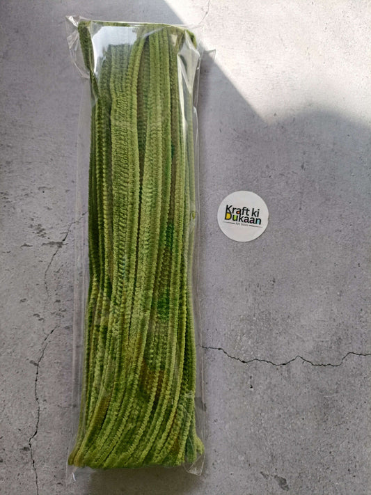 Olive green pipe cleaners bundle in clear packaging, fuzzy chenille texture.