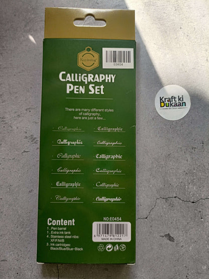 Calligraphy pen set box back with product details and content section