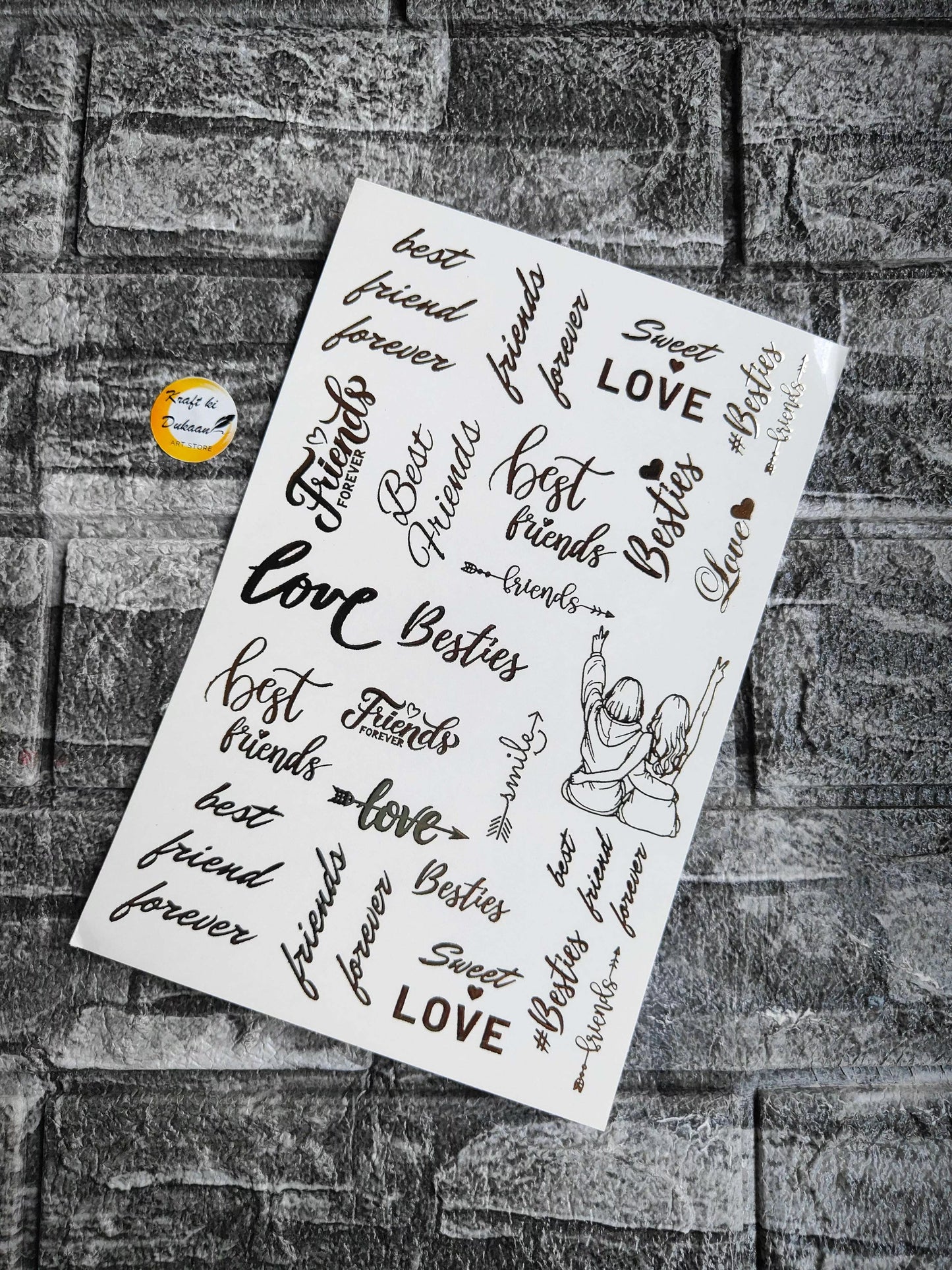A5 Gold embossed sticker sheet with cursive LOVE, best friends, and heart icons