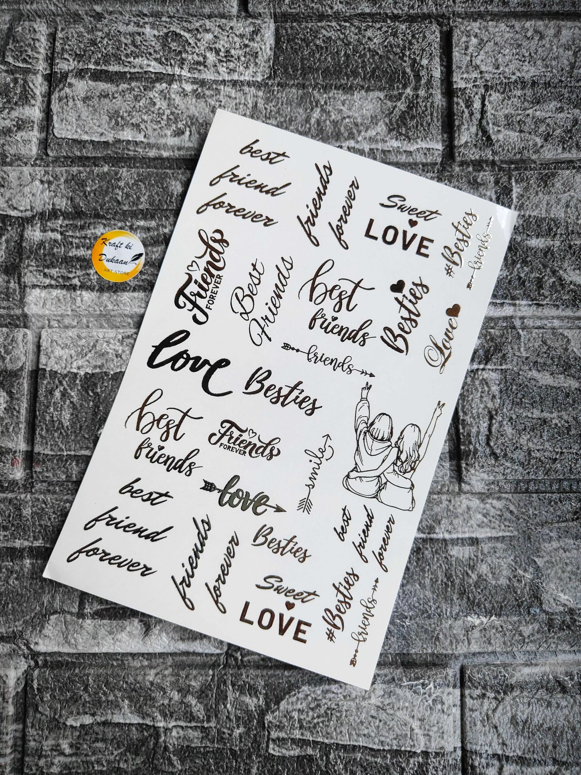 A5 Gold embossed sticker sheet with cursive LOVE, best friends, and heart icons