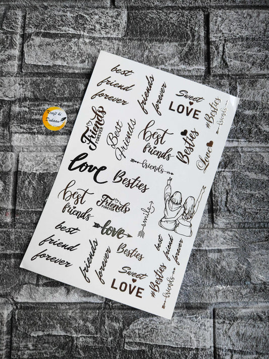 A5 Gold embossed sticker sheet with cursive LOVE, best friends, and heart icons