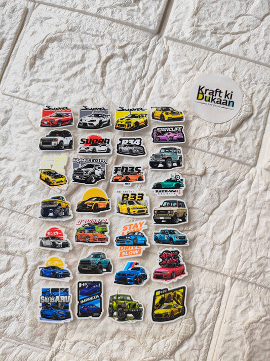 UV DTF peel-off sticker sheet with colorful racing car decals on kraft backing