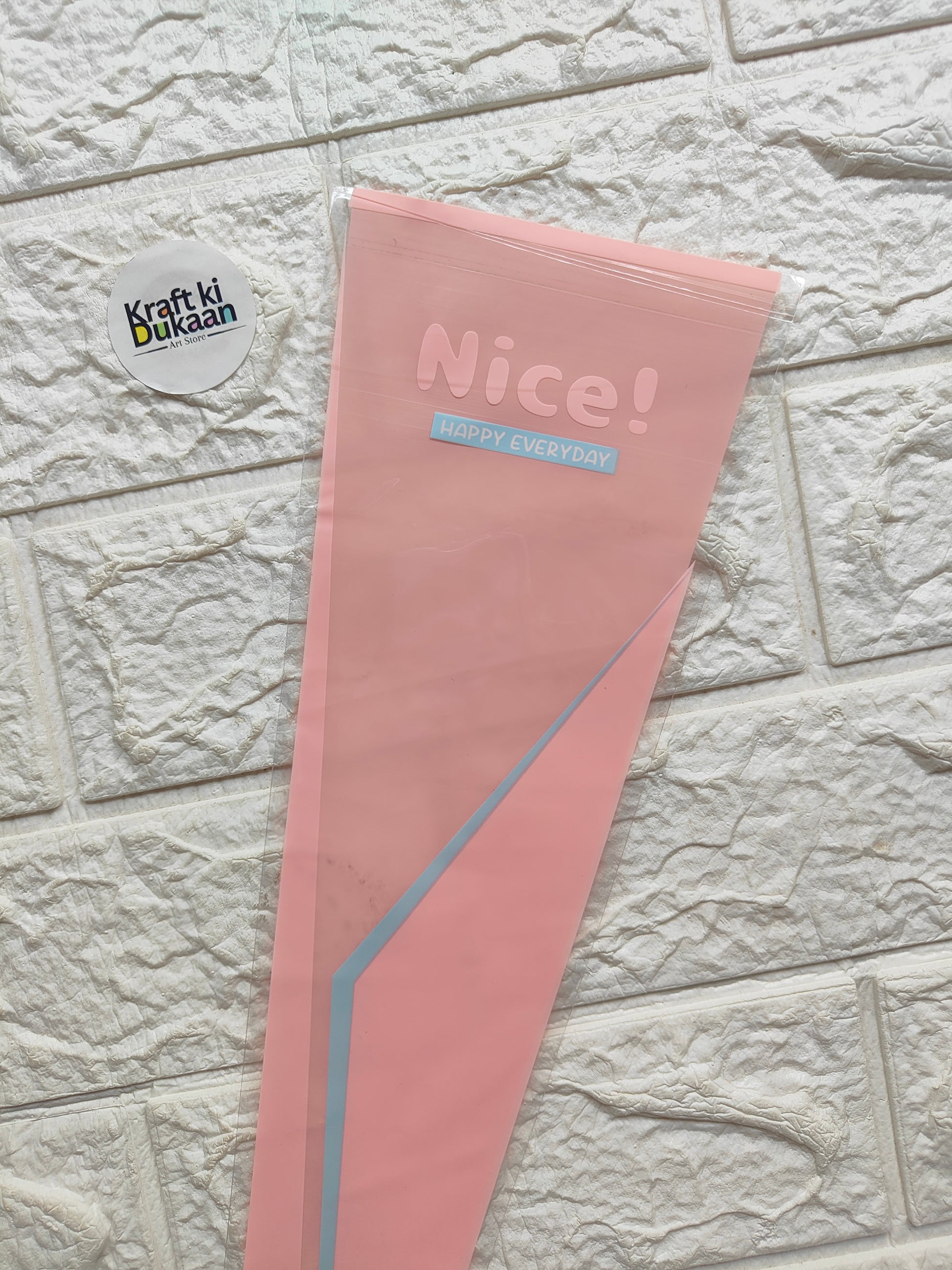 Flower cover sleeve, pink with “Nice!” text and neon blue diagonal stripe accents