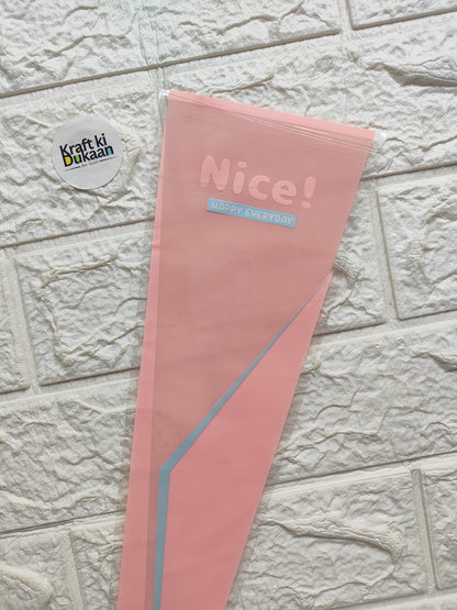 Flower cover sleeve, pink with “Nice!” text and neon blue diagonal stripe accents