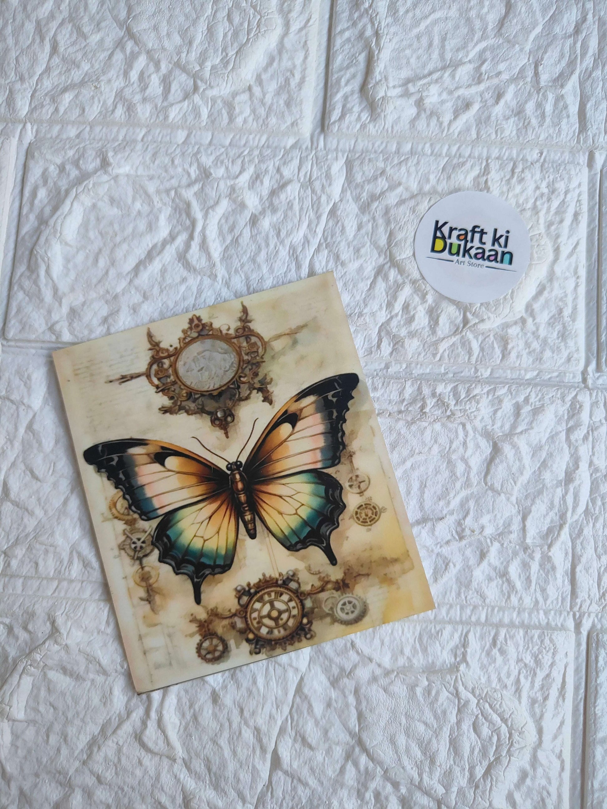 Mini colour sticker sheet with colorful butterfly and vintage clock/gear designs