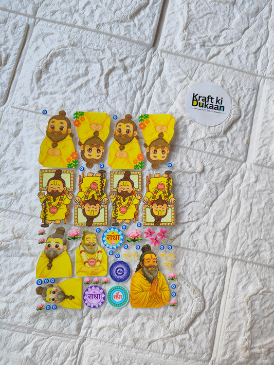 Peel-off sticker sheet with colorful characters, masks, and circular badges; Kraft ki Dukaan