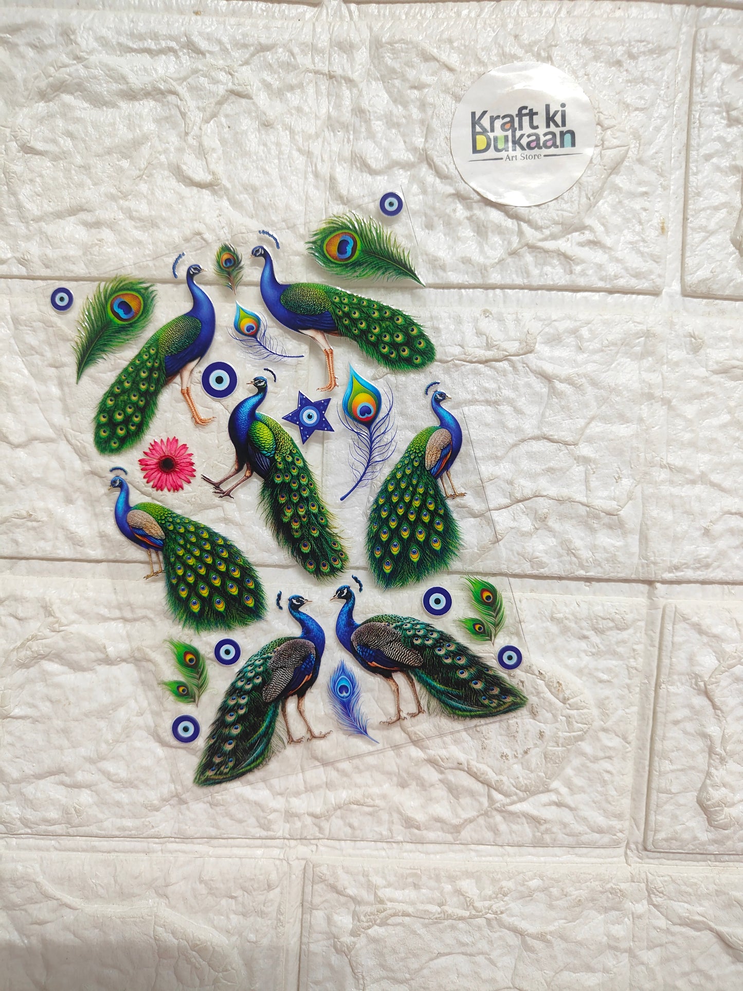 UV DTF peel-off sticker sheet with colorful peacock feather bird designs