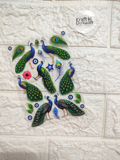 UV DTF peel-off sticker sheet with colorful peacock feather bird designs