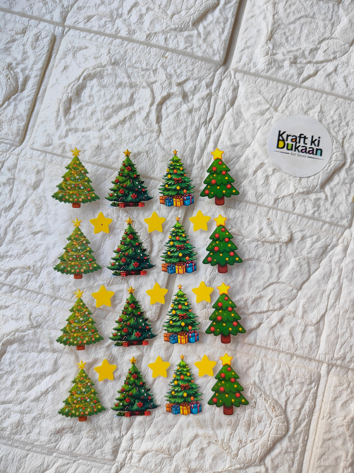 Peel-off sticker sheet with Christmas trees and gold star stickers