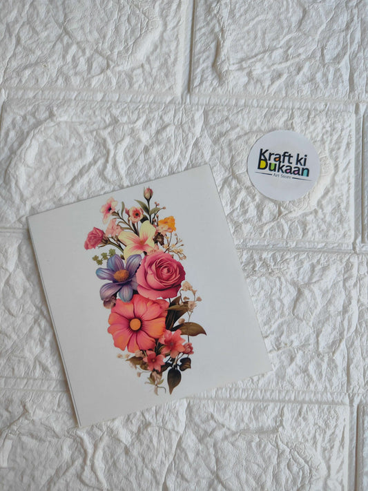 Floral sticker sheet with colorful rose and flowers; round Kraft ki Bukaan logo
