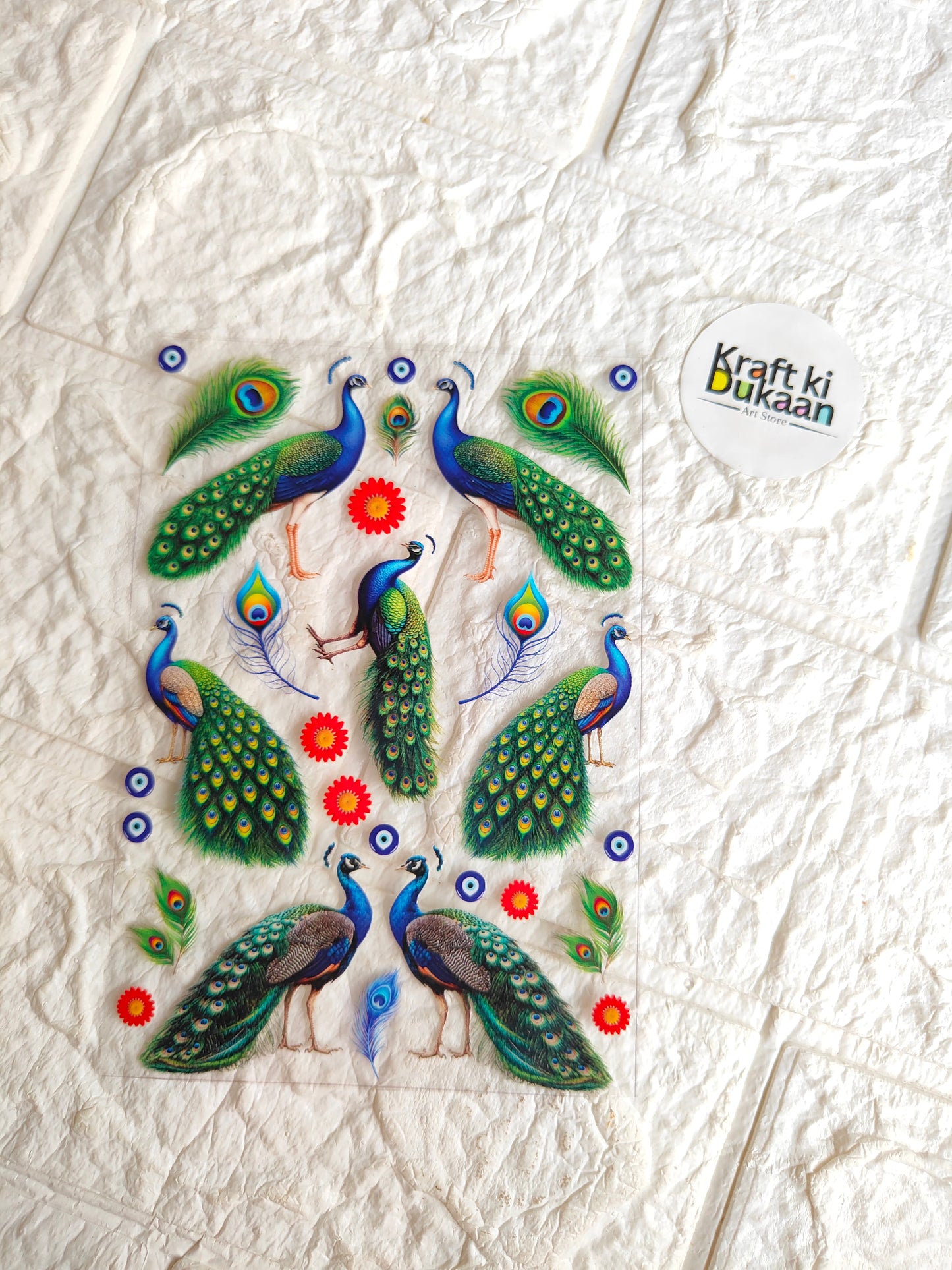 Peacock UV DTF peel-off sticker sheet with colorful bird and floral designs