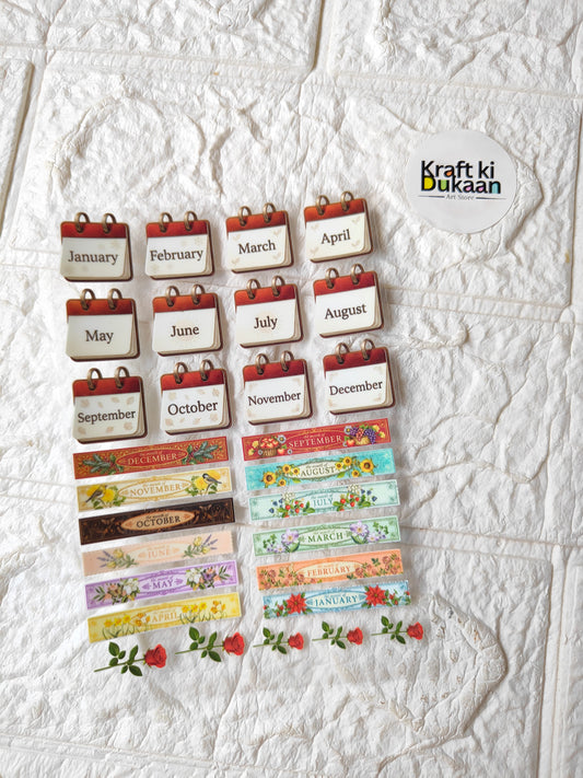 Peel-off sticker sheet with month tags (January–December) and floral motifs