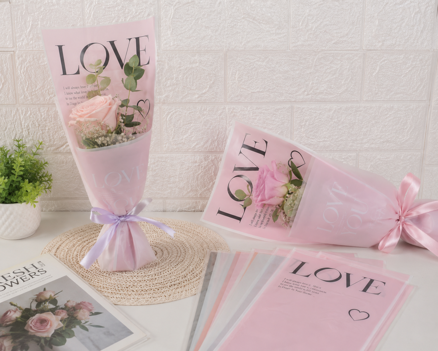 Assorted LOVE flower covers, including pink and beige, with heart and ribbon details