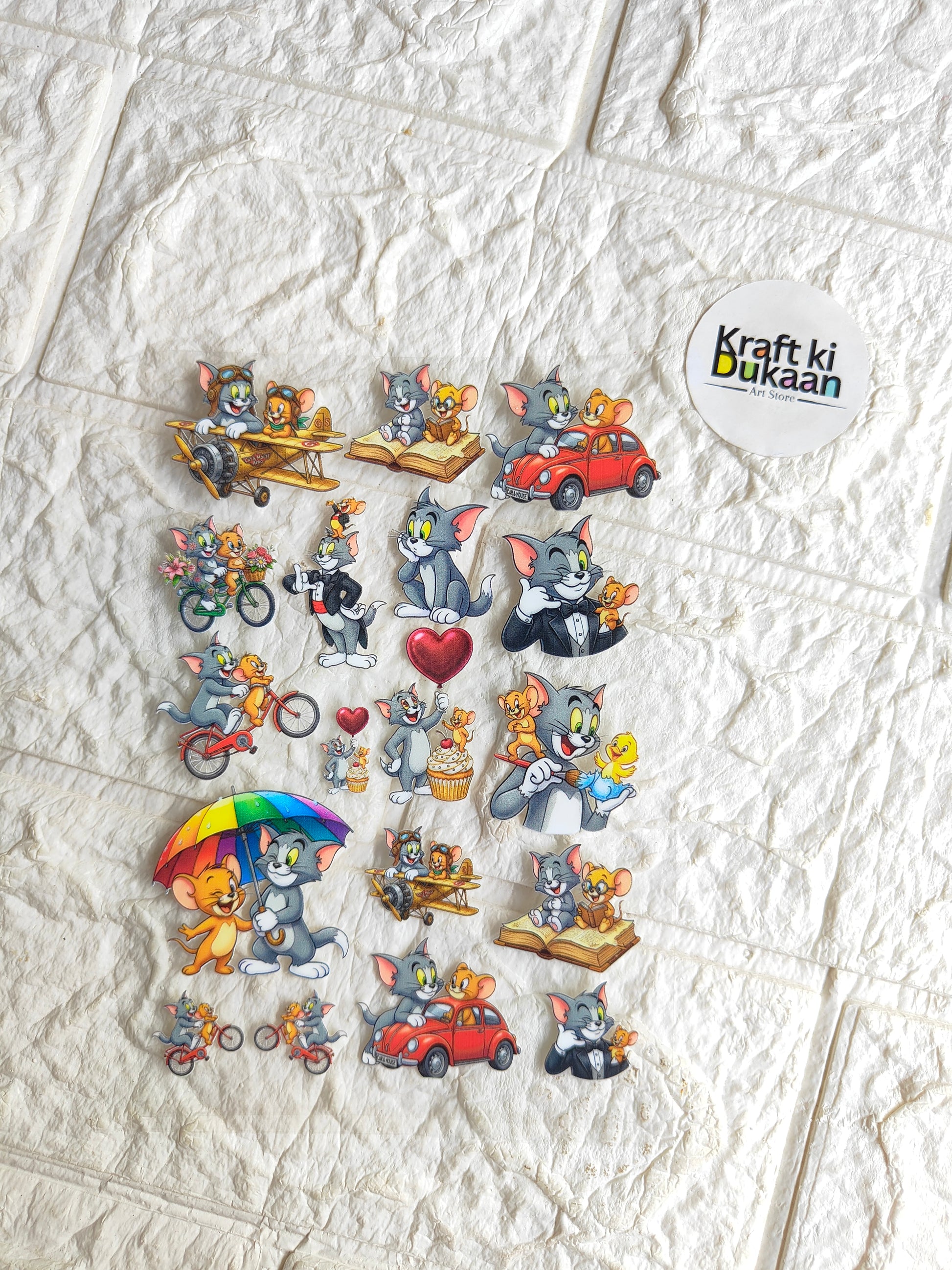 UV DTF peel-off sticker sheet with assorted cartoon animal scenes, vehicles, and heart
