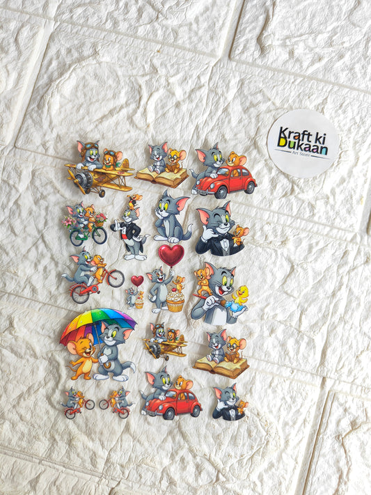 UV DTF peel-off sticker sheet with assorted cartoon animal scenes, vehicles, and heart