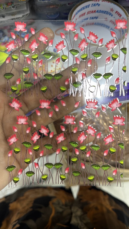 Peel-off sticker sheet with red flowers and green stems, UV DTF