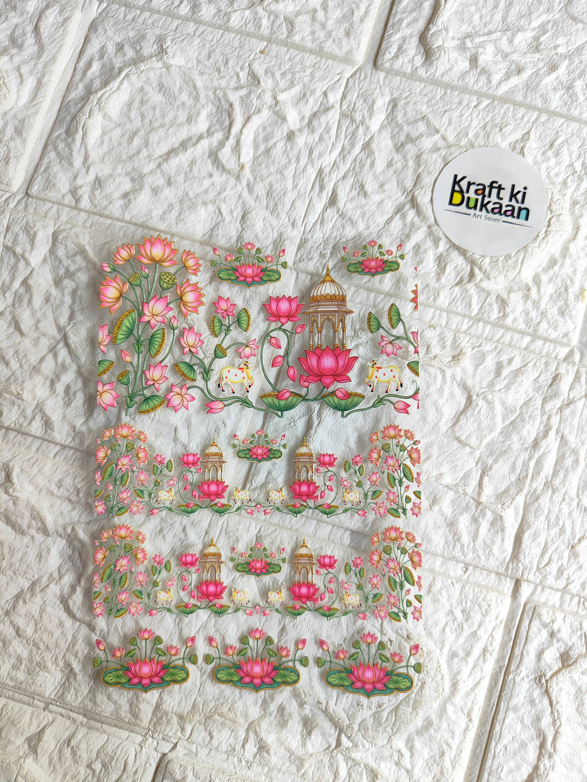 Floral UV DTF peel-off sticker sheet with pink flowers and small gold lanterns