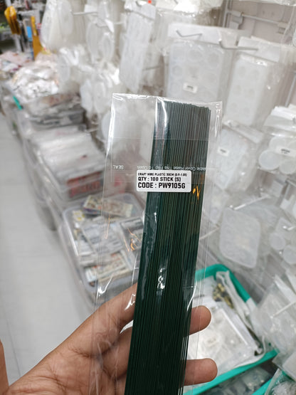 Green plastic-coated wire bundle in clear bag, 30 cm length, barcode label