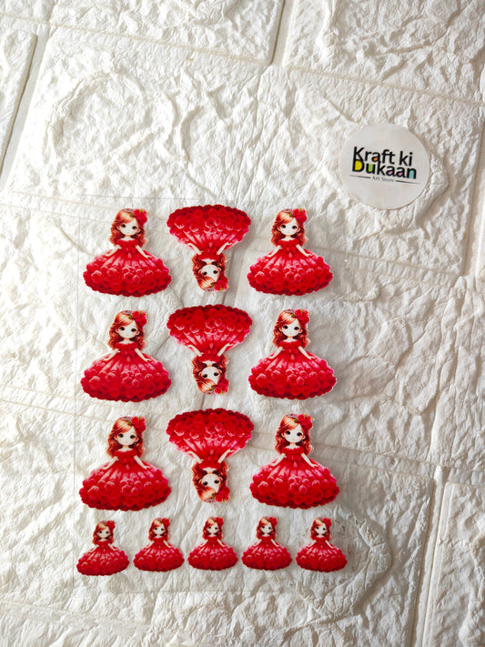 UV DTF peel-off sticker sheet with red doll dress designs, multiple on sheet