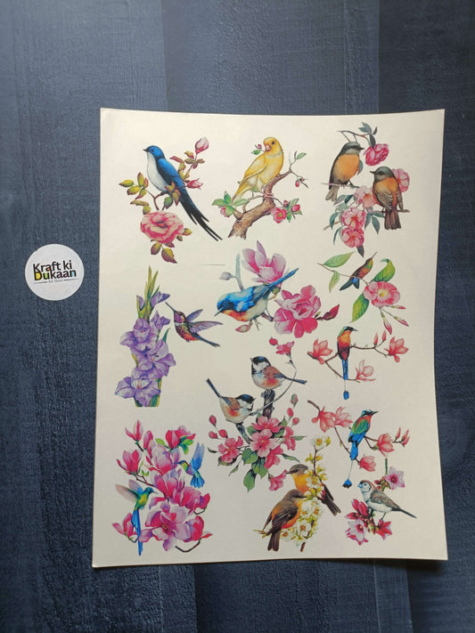 A4 colour sticker sheet with colorful songbirds and flowers