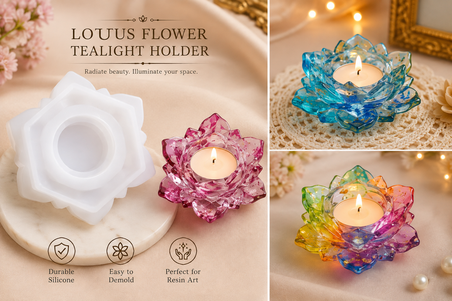 White lotus flower t-light mould with petal cavity and central candle well