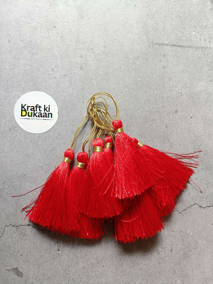Silk tassel set of 12 red tassels with gold caps and hanging loops