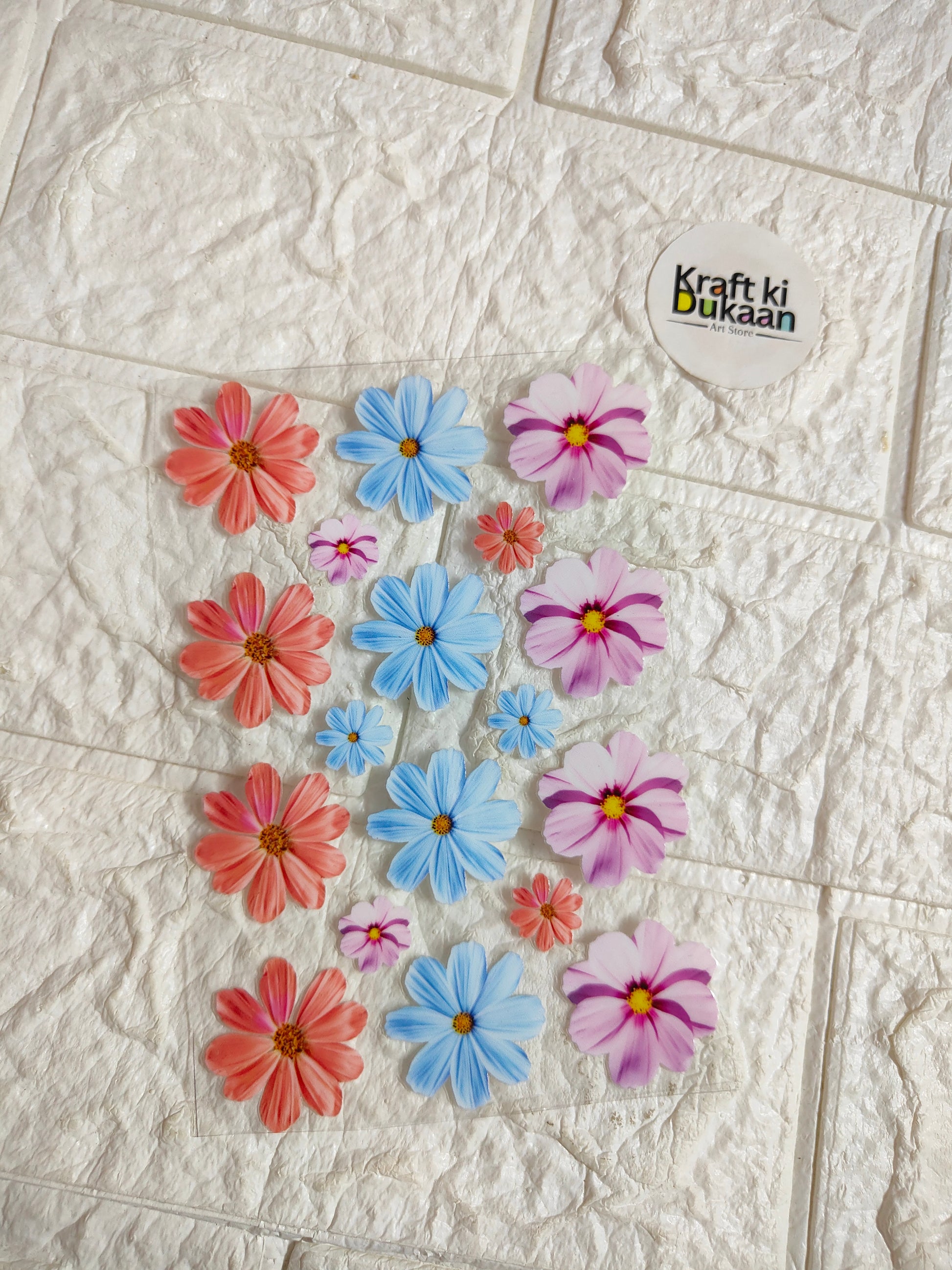 UV DTF peel-off sticker sheet with multicolor flower decals, orange blue pink purple