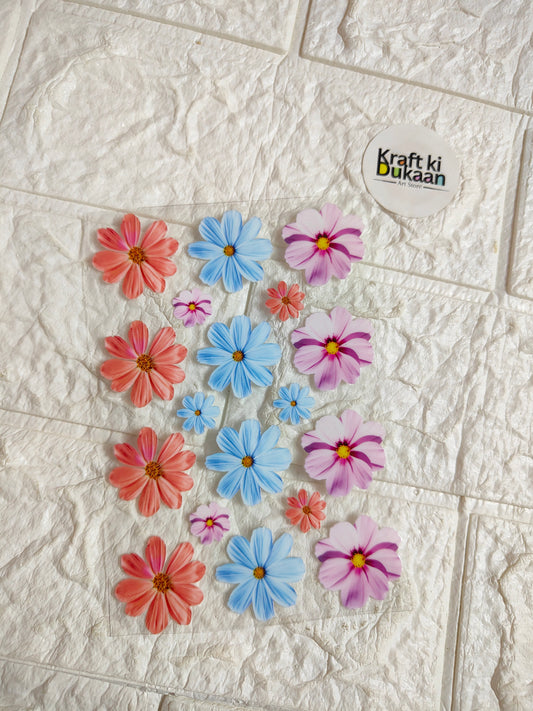 UV DTF peel-off sticker sheet with multicolor flower decals, orange blue pink purple