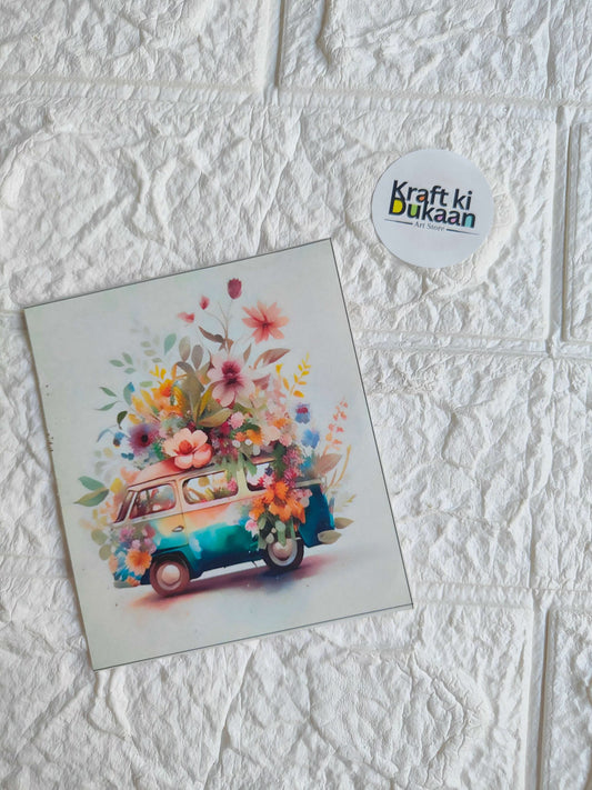 Mini colour sticker sheet with floral van illustration