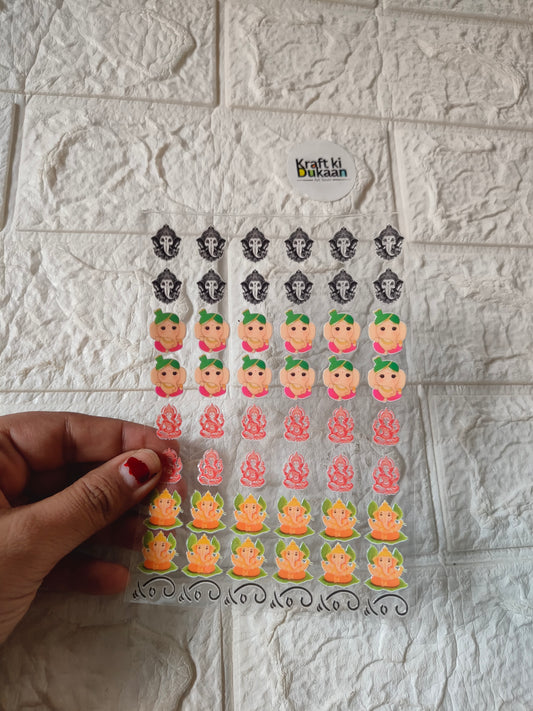 Peel-off sticker sheet with colorful cartoon faces and festive decorative icons.