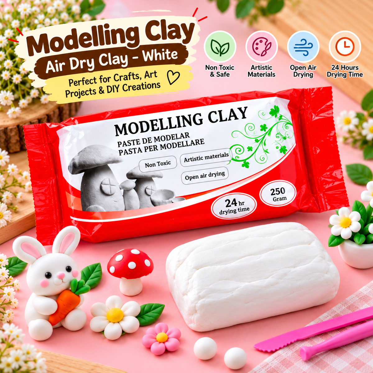 White air-dry modelling clay pack with smooth clay block and small sculpting pieces