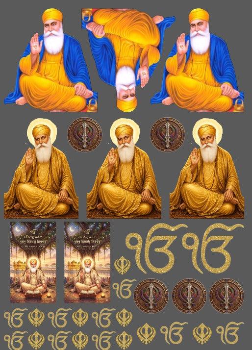 Sticker sheet with peel-off portraits, ornate gold script, round emblems, and small labels