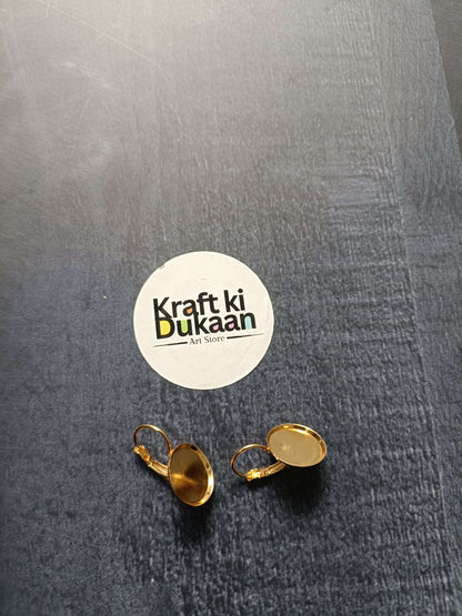 Round earring base pack of 2 in golden tone, flat circular top settings