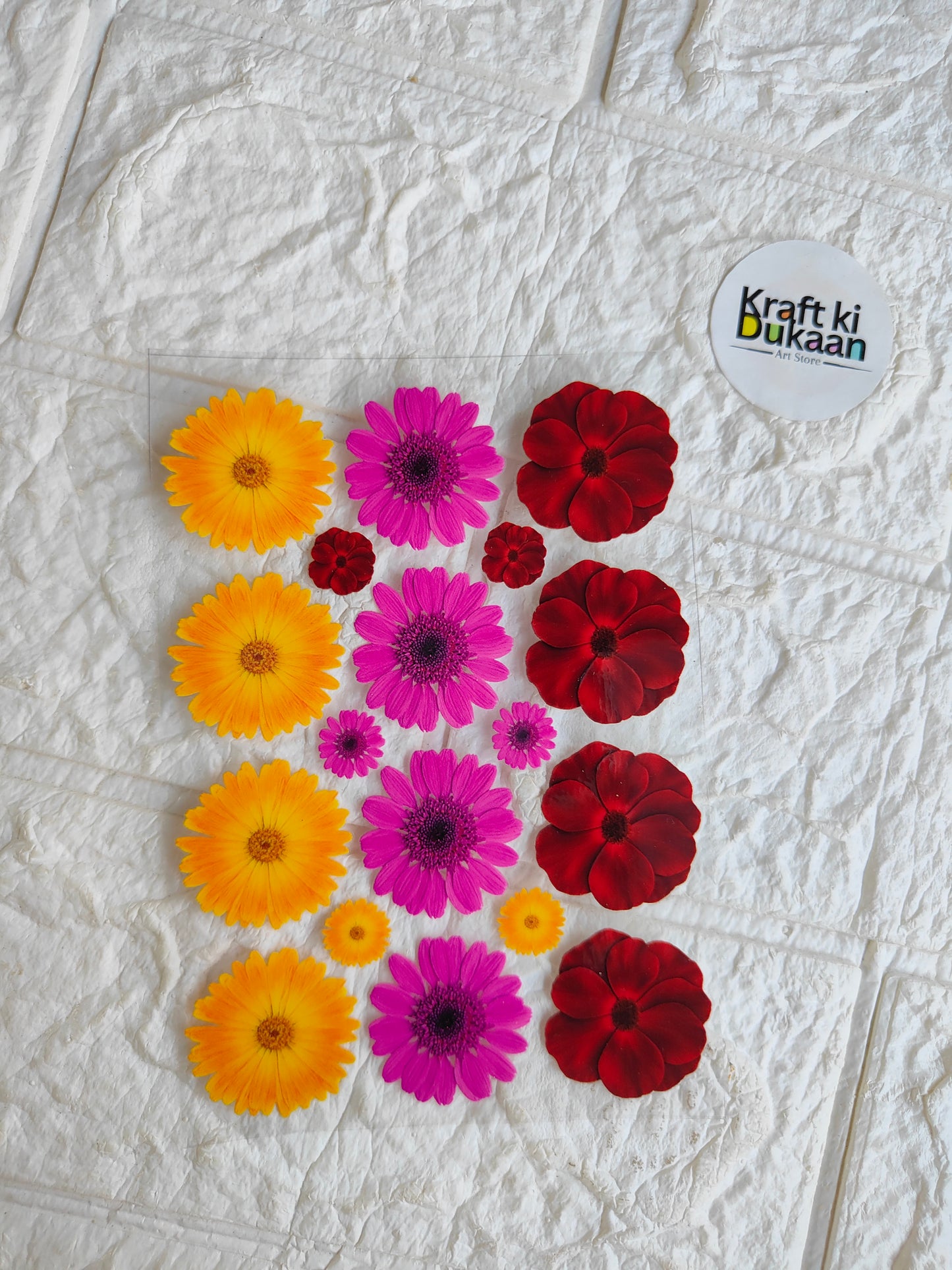 Peel-off sticker sheet with multi-color flower decals: yellow, pink, and red blooms