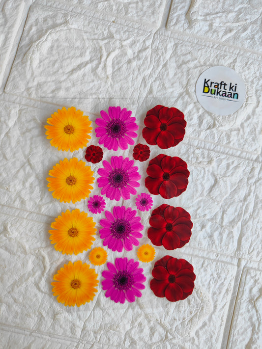 Peel-off sticker sheet with multi-color flower decals: yellow, pink, and red blooms