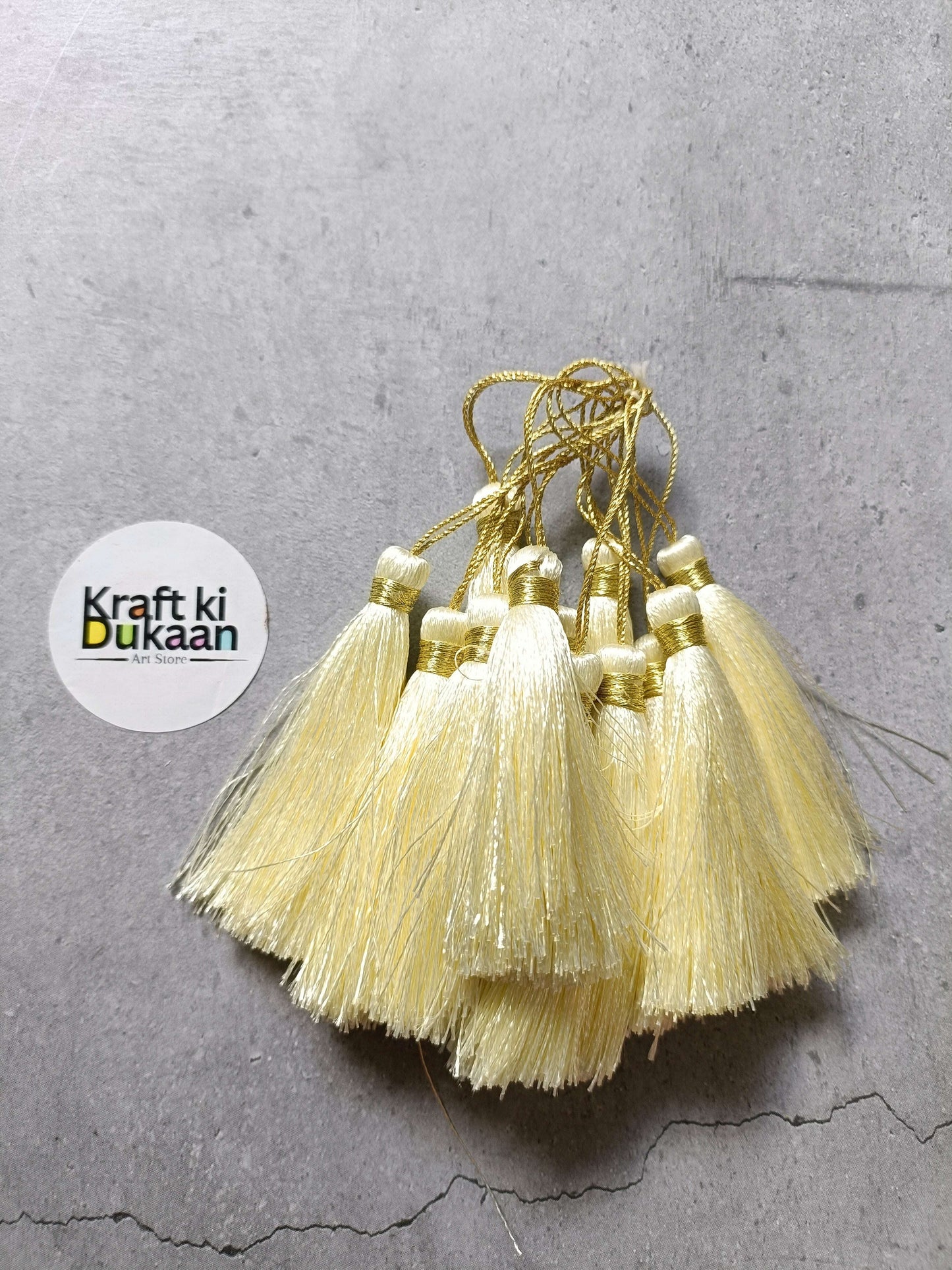Silk tassel set, off-white tassels with gold cords and small bead caps