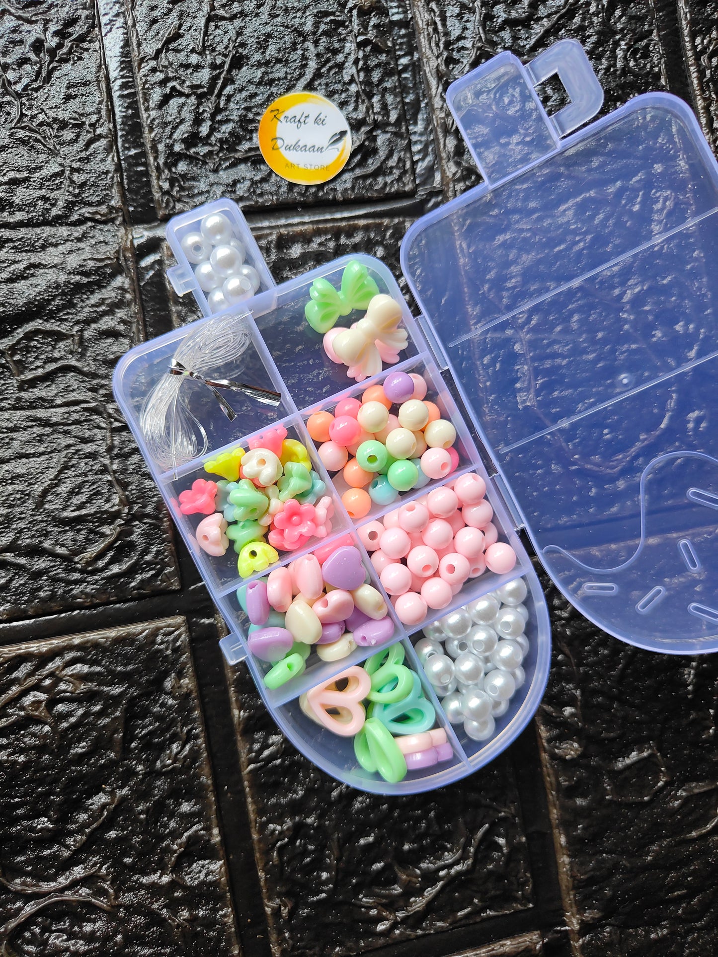 DIY bracelet beads kit: translucent blue case with pastel pony beads and white pearls