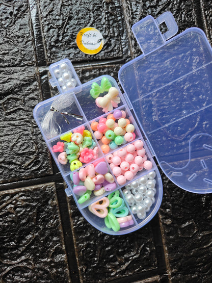 DIY bracelet beads kit: translucent blue case with pastel pony beads and white pearls