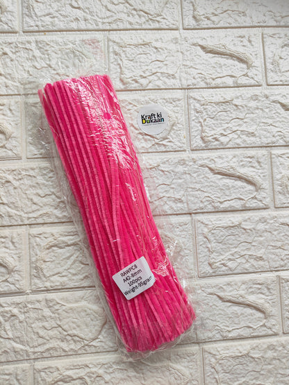 Bright pink pipe cleaners, 8mm stems, in clear plastic packaging with label