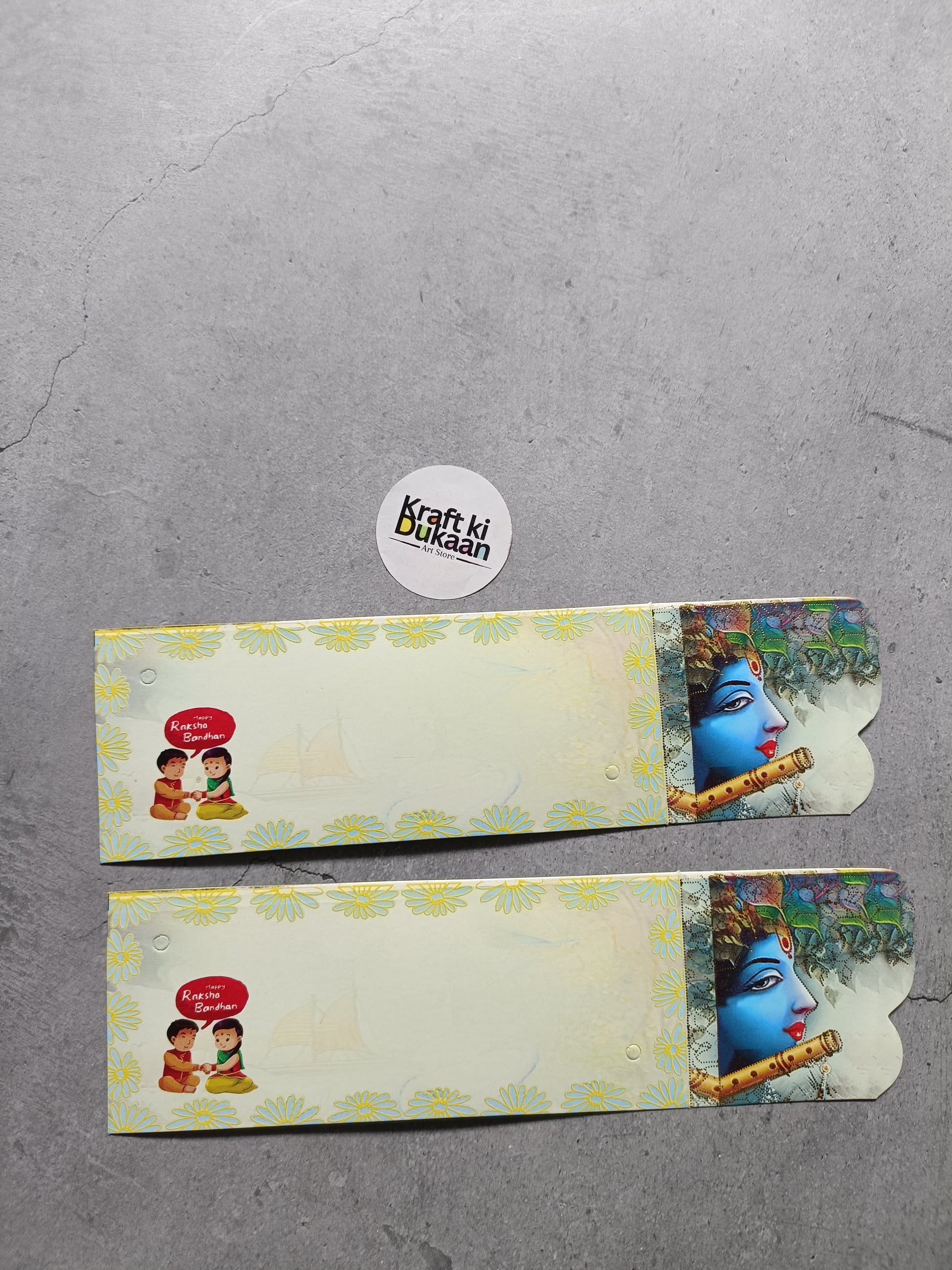 Rakhi greeting cards pack: rectangular cards with yellow floral border and Krishna illustration