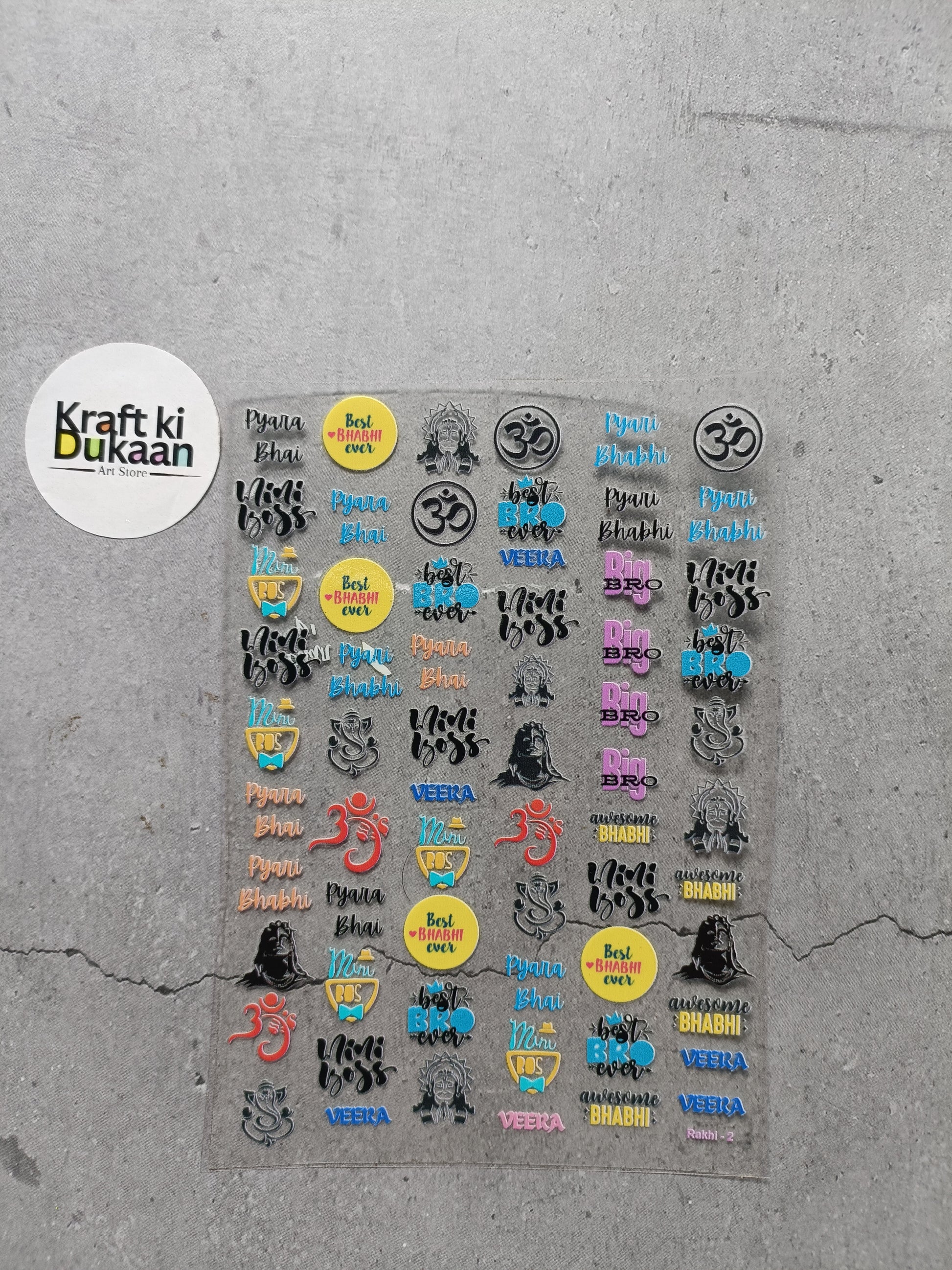 Sticker sheet with assorted UV DTF peel-off decals, multiple rows of icons