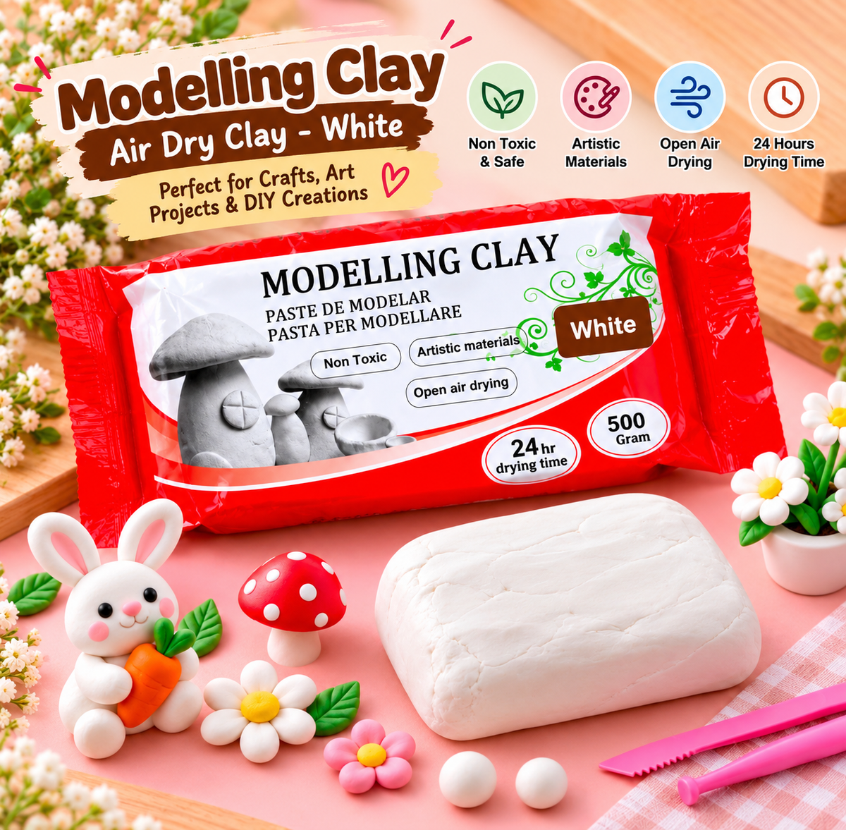 White air-dry modelling clay 500 g pack with molded clay block for crafts