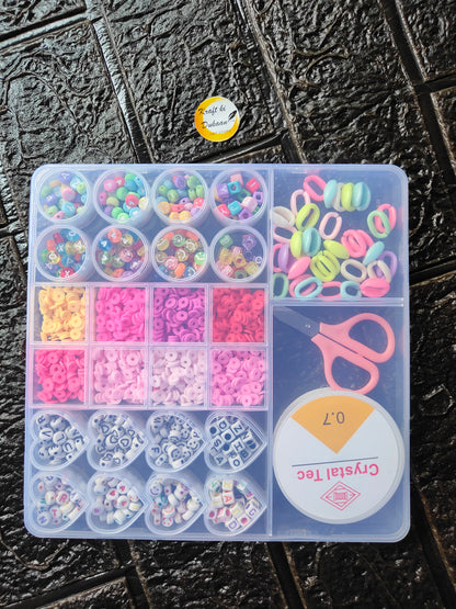 DIY bracelet beads kit in clear divided organizer with colorful beads and small scissors