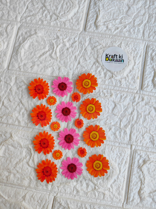 Peel-off sticker sheet with colorful flower decals in orange, pink, and yellow