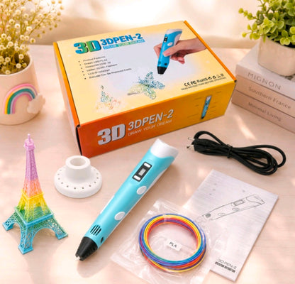 Teal 3D printing pen on display with white nozzle holder, multicolor filament wire, manual