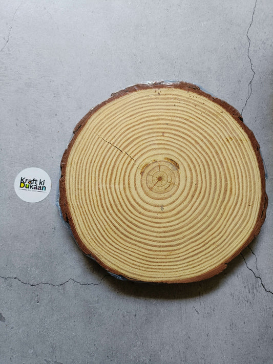 Round wooden slice with concentric growth rings, 20–22 cm diameter.
